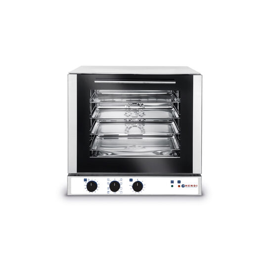 Cuptor convectie HENDI, capacitate 4 tavi 429x345 mm, 2 elemente incalzire, 1 ventilator, termostat reglabil, 50-230 gr C, timer 0 - 120 min, 2600 W, 590x695x(H)590 mm