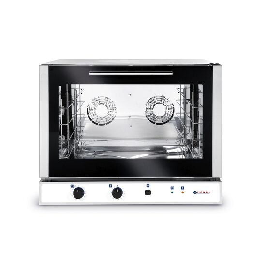 Cuptor convectie cu umidificare manuala HENDI, capacitate 4 tavi 600x400 mm , 2 elemente incalzire, 2 ventilatoare, termostat reglabil, 50-230 gr C, timer 0 - 120 min, 3400 W, 790x750x(H)635 mm