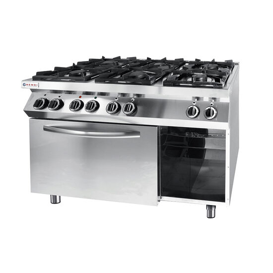 Професионален газов котлон Hendi Kitchen Line с 6 котлона с електрическа конвекторна фурна GN 1/1 Inox 28.5 kW 1200x700x(H)900 mm