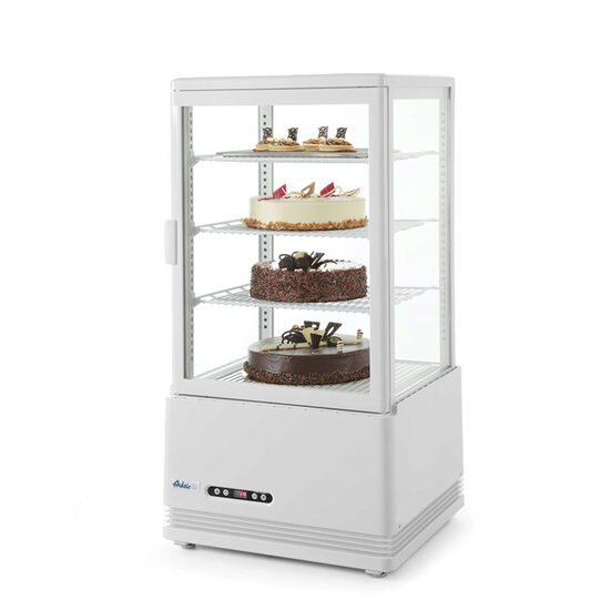 Vitrina rece pt prezentare, alba, 68 lt, interval temp 0-12 gr C, 170 W, 3 rafturi reglabile pe inaltime, ARKTIC by Hendi, 452x406x(H)891 mm, Clasa energetica C