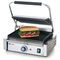 Contact grill Panini, profesional, Hendi, 2200W, partea superioara si cea inferioara striate, din fonta cu invelis ceramic, suprafata grill 340 x 230 mm