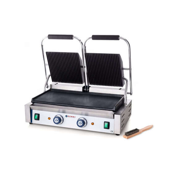 Contact grill Hendi - versiune dubla - partea superioara striata si cea inferioara neteda, electric