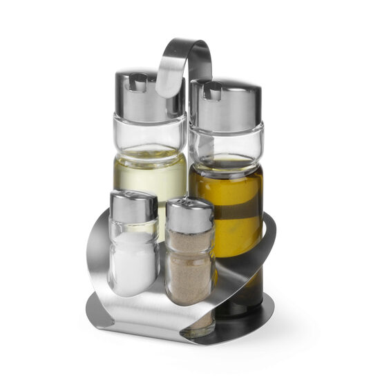 Set condimente / oliviera 4 piese, Hendi, recipeinte sticla&inox pentru: sare, piper, ulei, otet