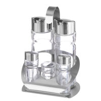 Oliviera solida / Set condimente 5 piese, Hendi, suport inox, recipiente sticla pt sare, piper, scobitori, ulei, otet