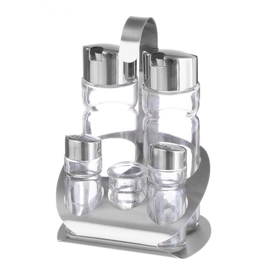 Oliviera solida / Set condimente 5 piese, Hendi, suport inox, recipiente sticla pt sare, piper, scobitori, ulei, otet