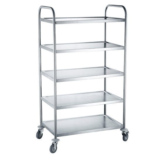 Carucior servire cu 5 rafturi, realizat din otel inoxidabil, sarcina maxima pe raft 50 kg,910×590×(H)1560mm