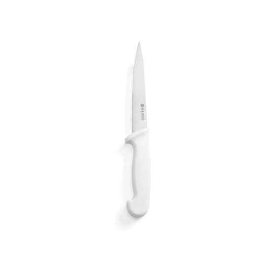 Cutit bucatarie profesional, ideal pentru transat carne, lama inox 15 cm, maner alb, lungime cutit 30 cm, respecta normele de igiena HACCP, Hendi
