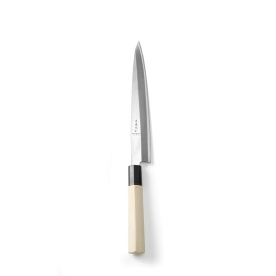 Cutit japonez "Sashimi", Hendi, serie de top, lama 24 cm, cutit 37 cm, grosime lama 4 mm din aliaj de carbon, maner traditional lemn